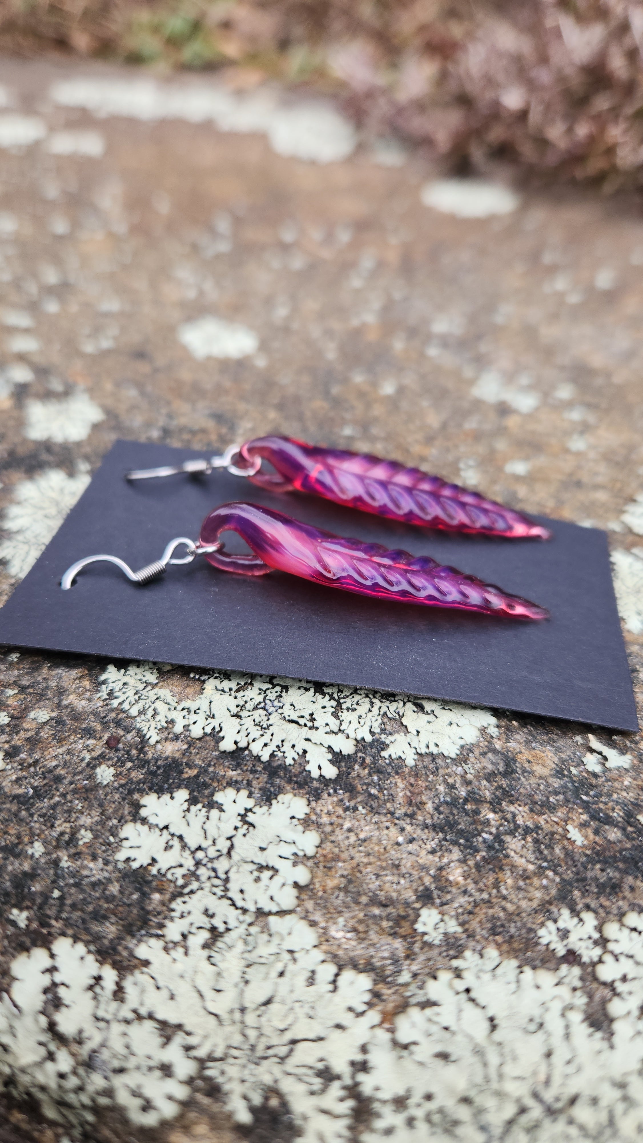Telemagenta Glass Feather Earrings With Steel Hooks