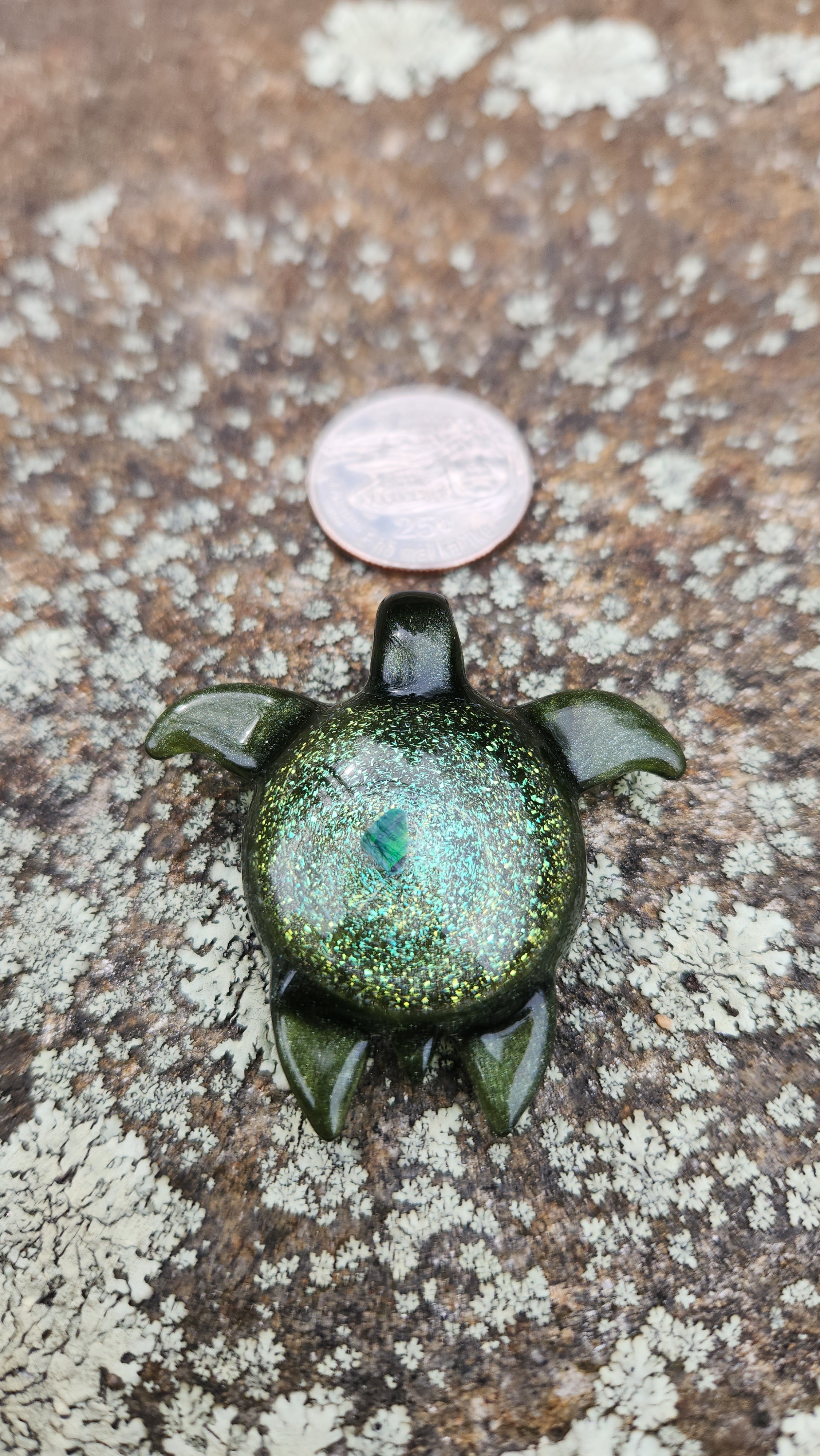 Cosmic sea turtle pendant with green opal