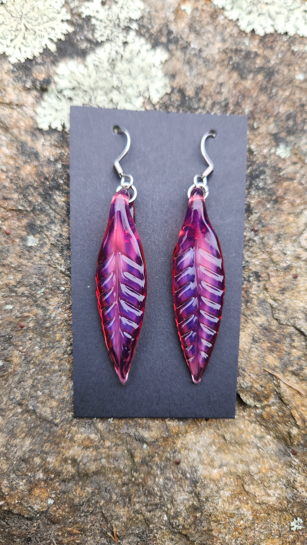 Telemagenta Glass Feather Earrings With Steel Hooks