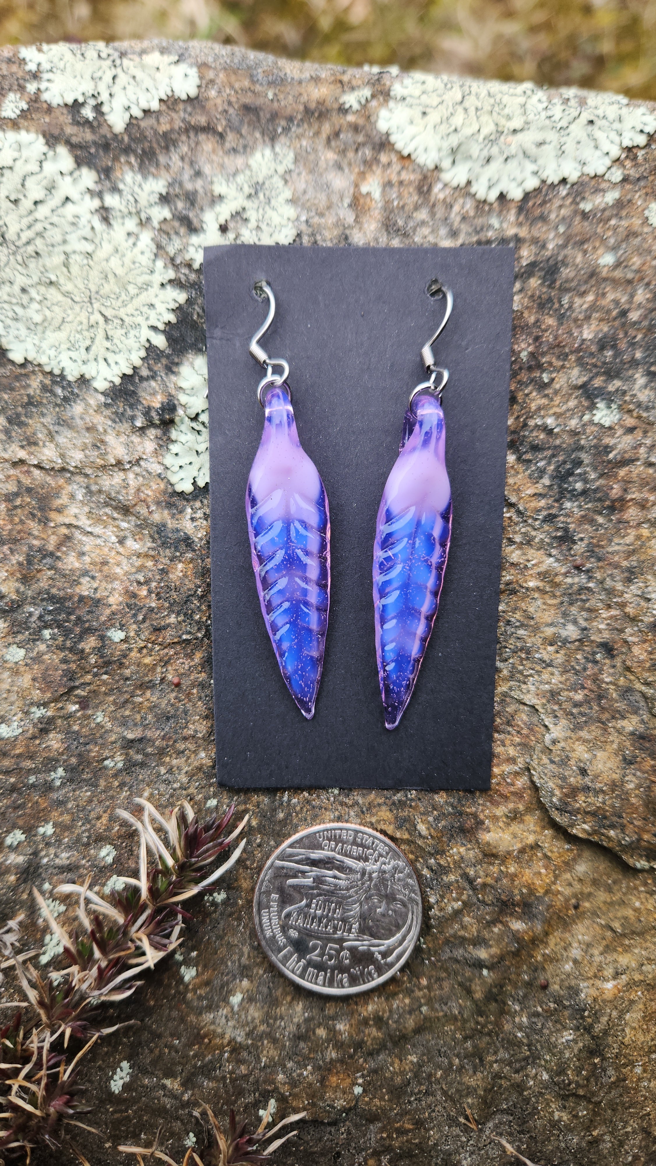 Pink Slyme Glass Feather Earrings With Steel Hooks