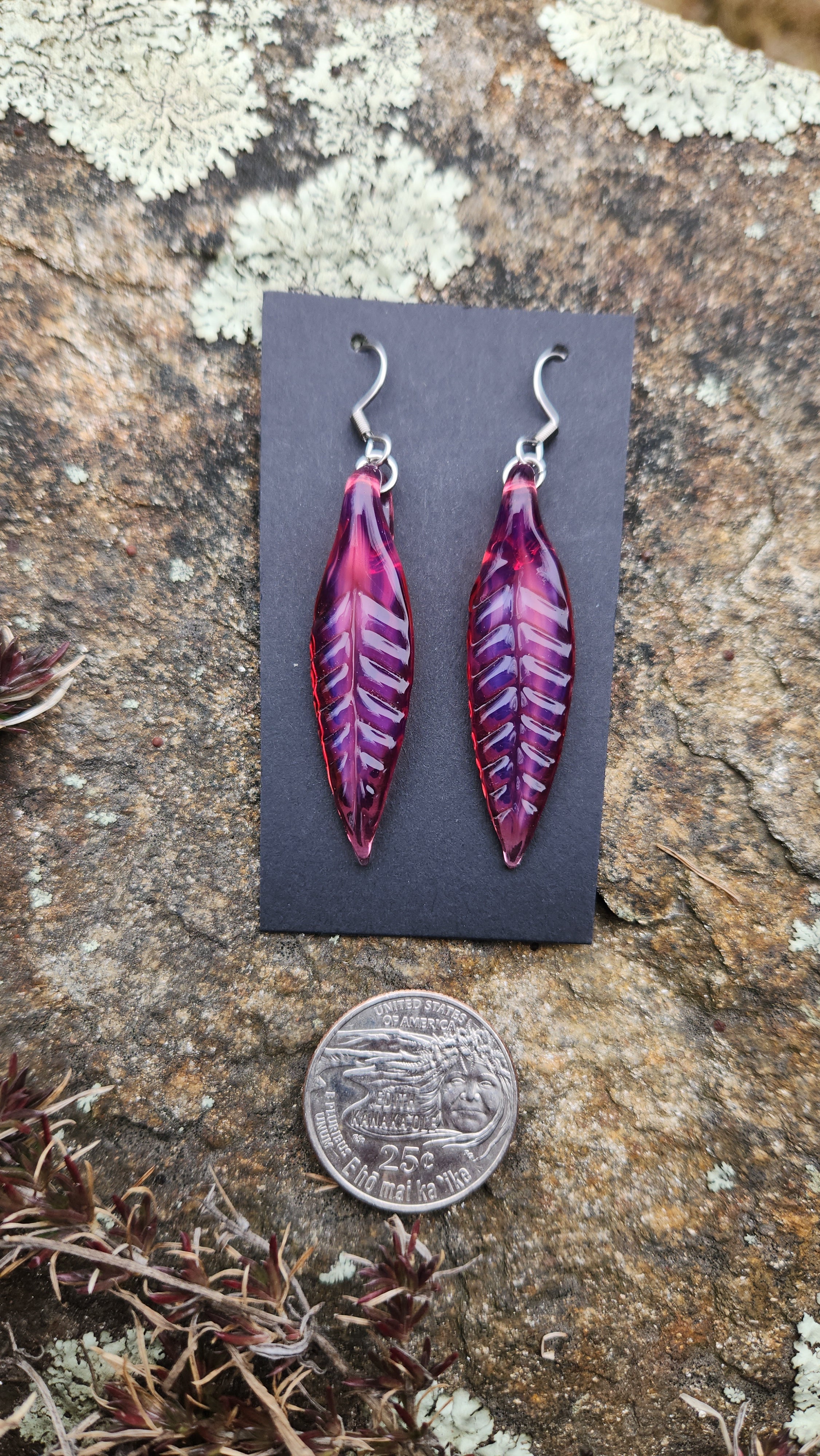 Telemagenta Glass Feather Earrings With Steel Hooks
